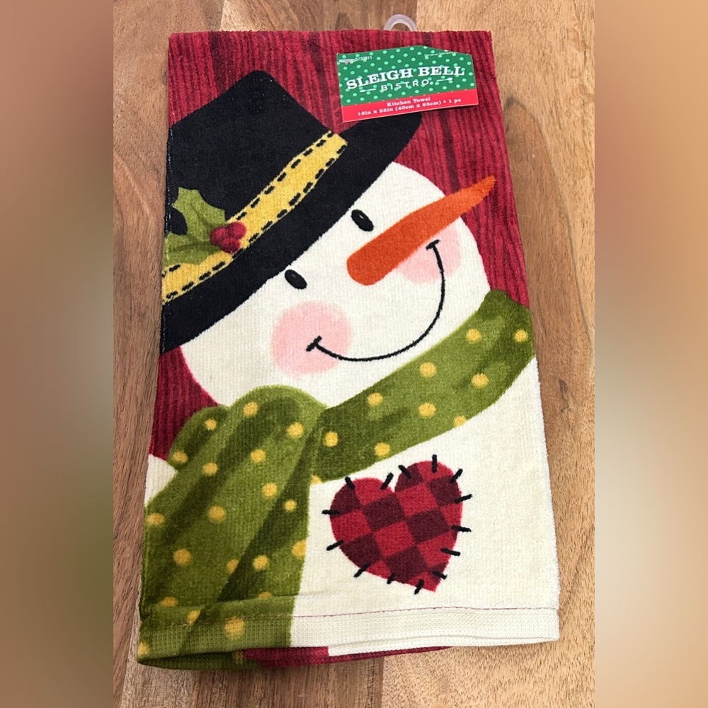 Sleigh Bell Bistro Primitive Snowman Kitchen Dish Towel Christmas 16”X25” NEW